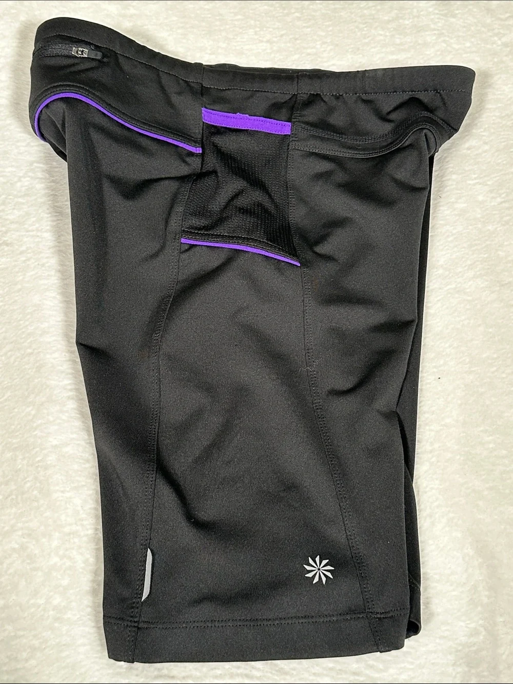 Athleta Black Presto Bermuda compression shorts with Purple Accent